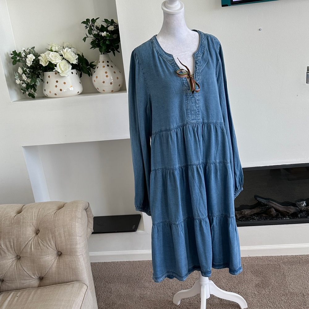 Maeve Denim Blue Long Sleeve Tiered Midi Dress
